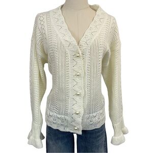 Oni Open Knit Cardigan Sweater Womens M Cream Crochet Grandma Pearl Buttons! EUC